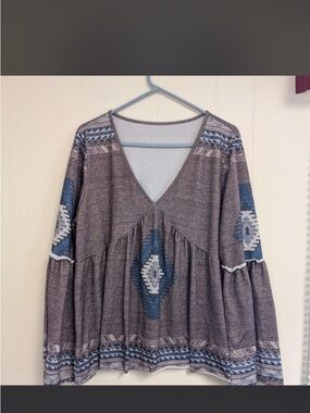 Boho V-Neck Aztec Print Peasant Blouse - Blue Gray